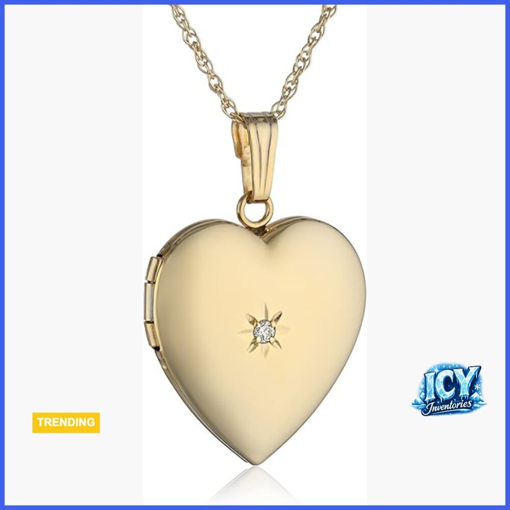 14K Yellow Gold Heart Locket Necklace with Diamond Accent
